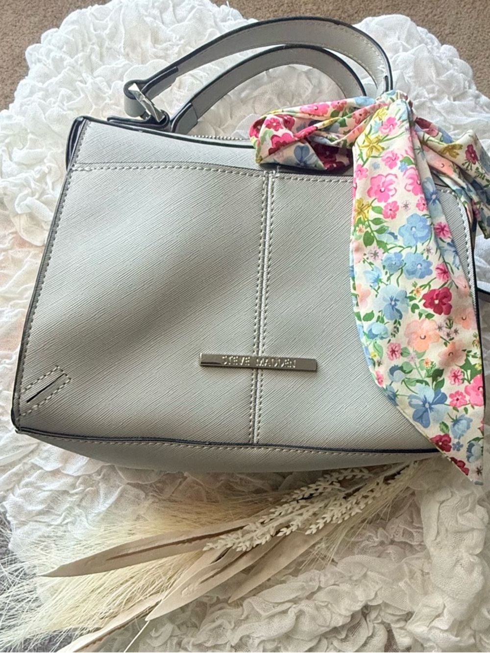 Steve Madden Light Gray Satchel with Floral Scarf Accent